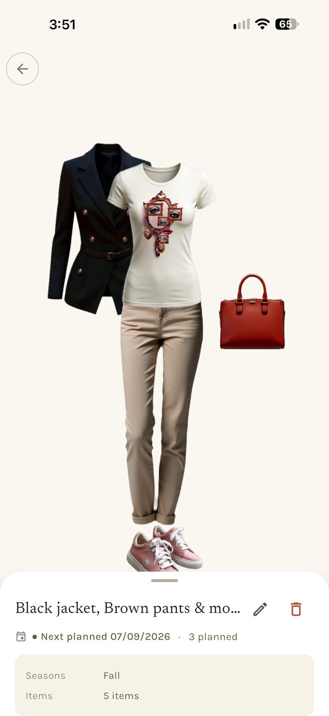 Outfit detail: the pieces of a look with its worn and planned dates