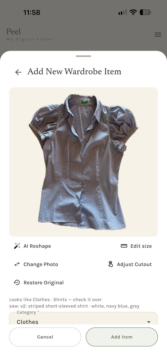 A striped shirt just imported: background removed, still creased; Peel suggests Clothes · Shirts