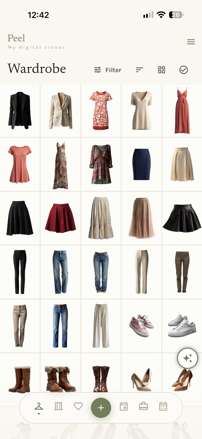 The women’s demo closet: a wardrobe grid of dresses, skirts, trousers and shoes
