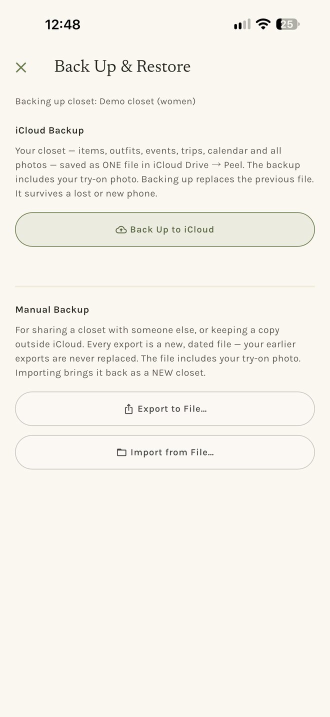 Back Up & Restore: one iCloud backup file, plus manual export and import